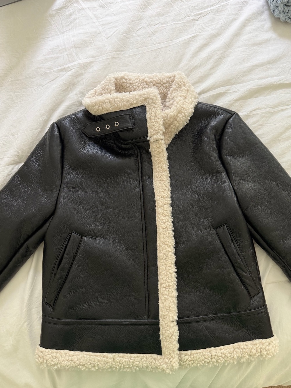 Women’s Black Faux Leather Sherpa Jacket with Cream Sherpa Lining